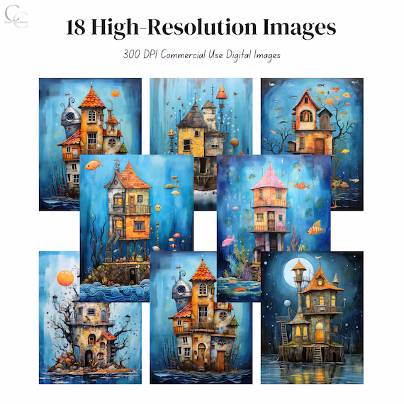 Underwater House Printable Images, Whimsical Ocean Abode Art for Junk Journals – image 3