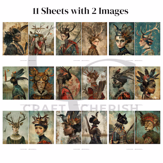 Wildlife Warrior Art, Surreal Lady Images for Junk Journals, Whimsical Animal Portrait Ephemera – image 6