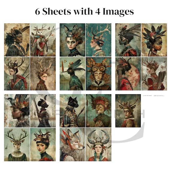 Wildlife Warrior Art, Surreal Lady Images for Junk Journals, Whimsical Animal Portrait Ephemera – image 7
