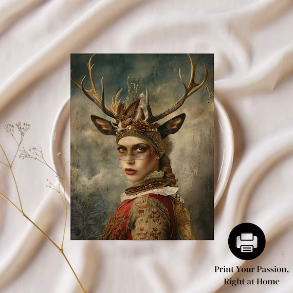 Wildlife Warrior Art, Surreal Lady Images for Junk Journals, Whimsical Animal Portrait Ephemera – image 3