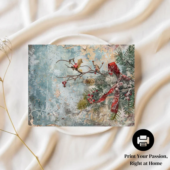 Vintage Christmas Junk Journal Paper, Festive Botanical Foliage Backgrounds for Scrapbooks – image 3