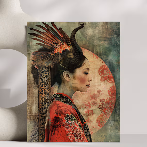 Wildlife Warrior Art, Surreal Lady Images for Junk Journals, Whimsical Animal Portrait Ephemera – image 2