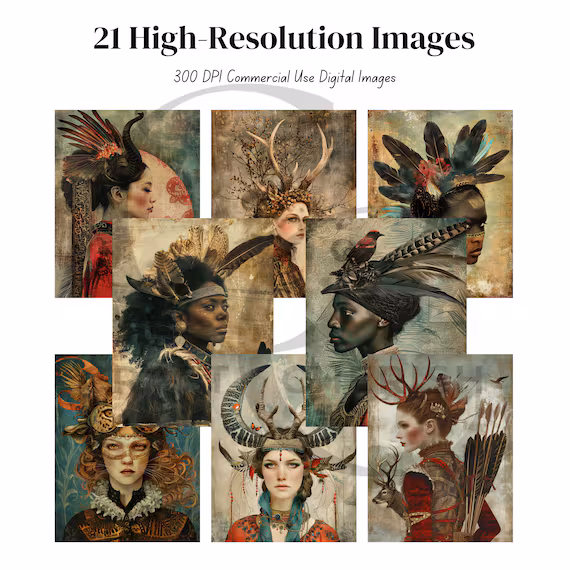 Wildlife Warrior Art, Surreal Lady Images for Junk Journals, Whimsical Animal Portrait Ephemera – image 5
