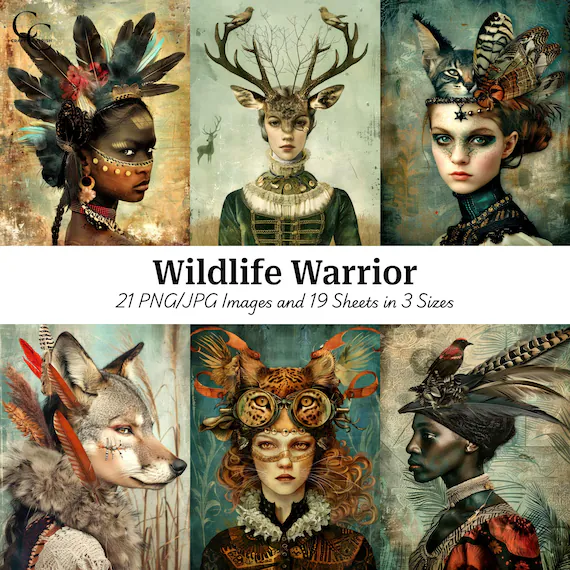Wildlife Warrior Art, Surreal Lady Images for Junk Journals, Whimsical Animal Portrait Ephemera