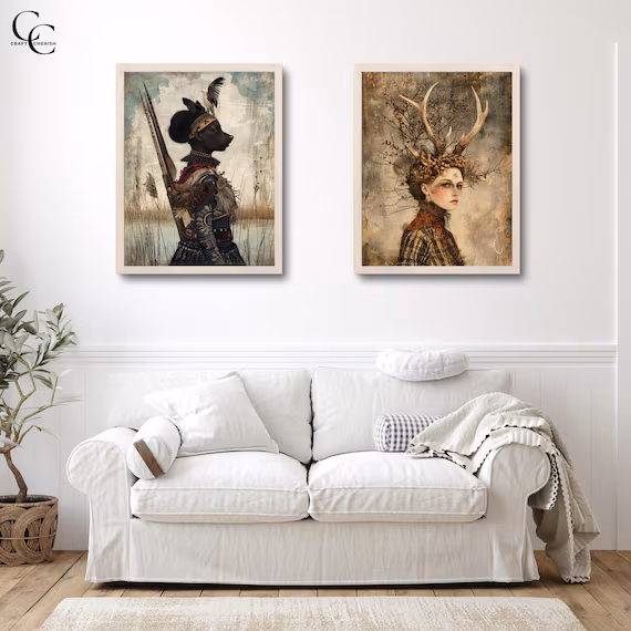 Wildlife Warrior Art, Surreal Lady Images for Junk Journals, Whimsical Animal Portrait Ephemera – image 4