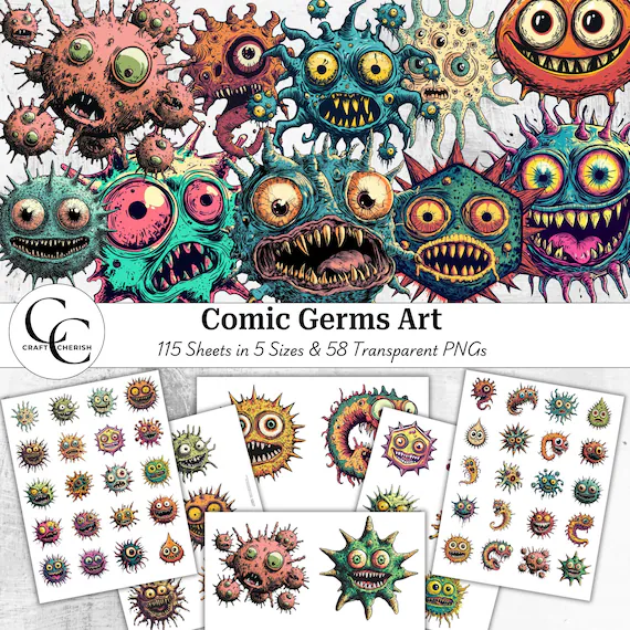 Quirky Science Ephemera, Comic Germ Mixed Media Collage Images for Junk Journals
